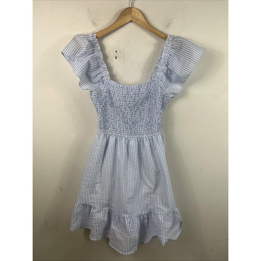 Lulus Seer Delight Blue Striped Smocked Ruffled Mini Dress Large